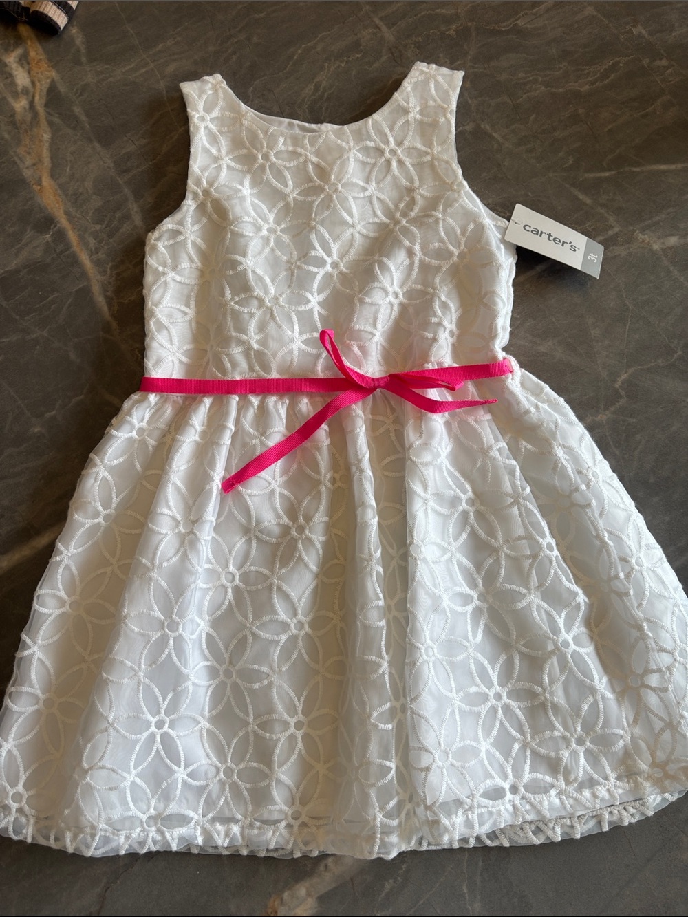 Carter's White Eyelet Dress with Hot Pink Waist Ribbon